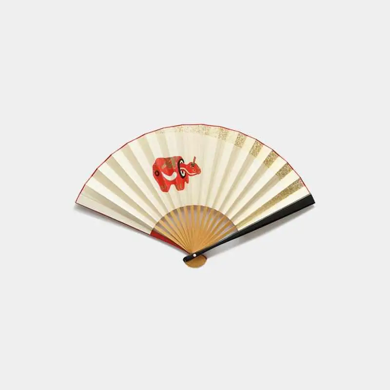 Edo-Style Folding Fan: Zodiac Cow Motif In Gold – Unkindo Fukatsu 1