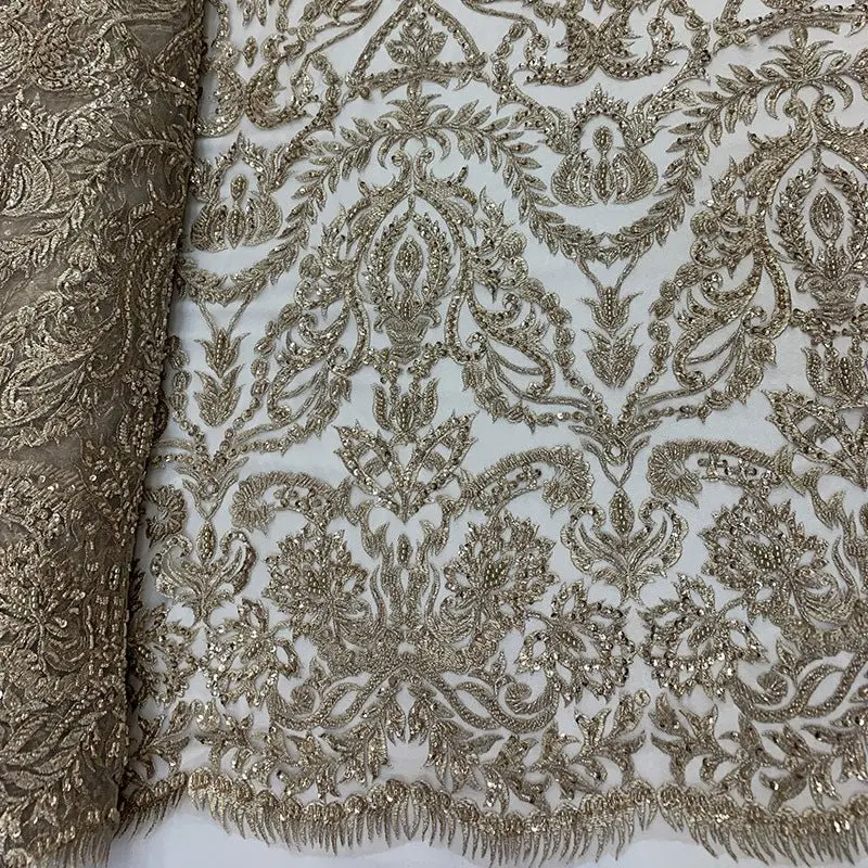 Elegant French Embroidered Lace With Beaded Mesh Detail 1