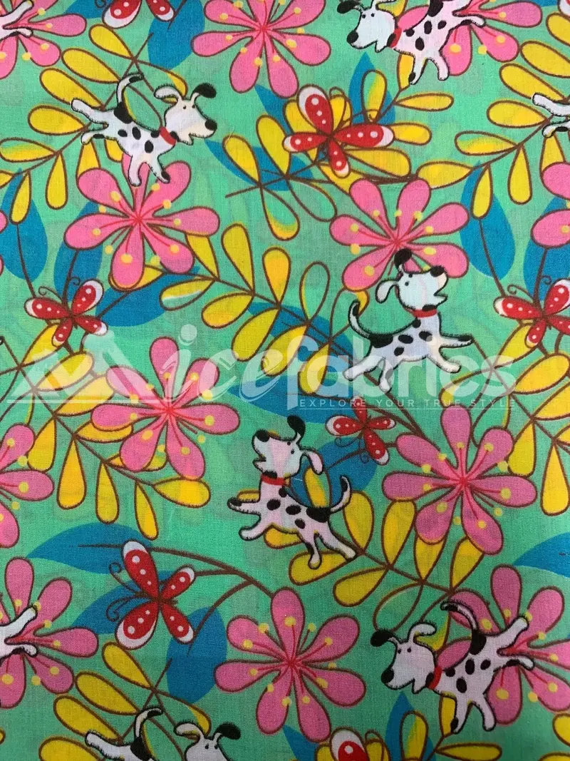 Emerald Green Dog-And-Flower Print Polyester-Cotton Blend Fabric Yardage 1