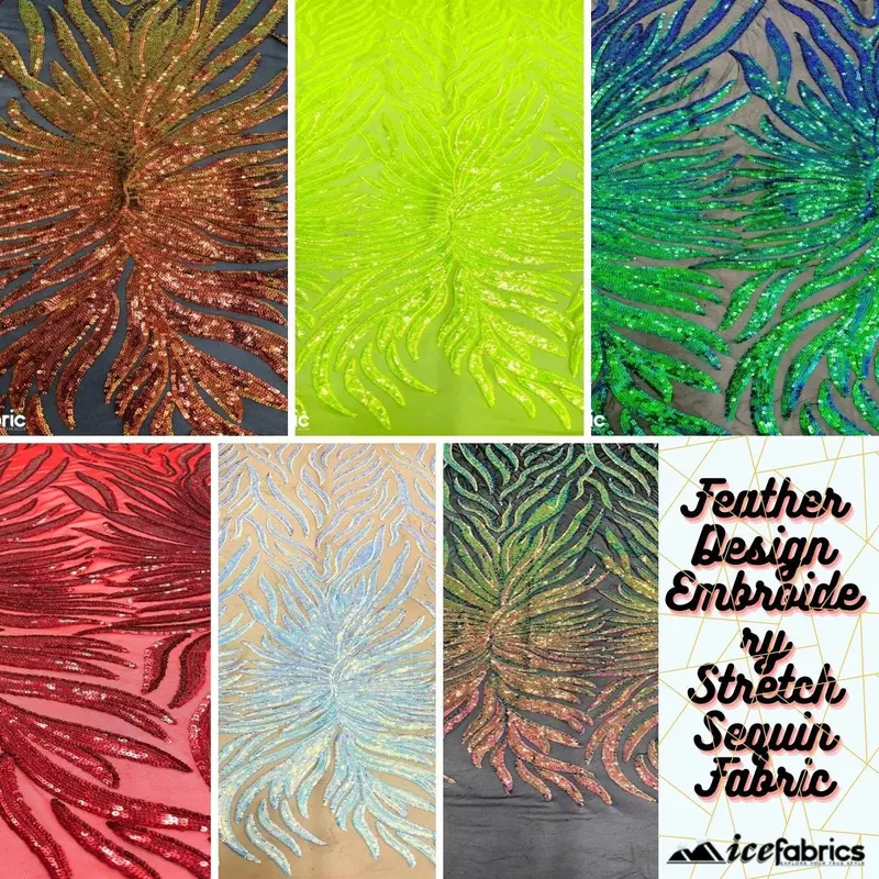 Feather-Motif Embroidered Sequin Fabric With Four-Way Stretch 1