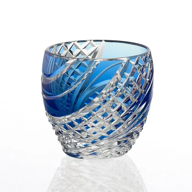 Fish Scales Sake Cup – Blue Stripe Edition, Edo Kiriko Kagami Crystal 1