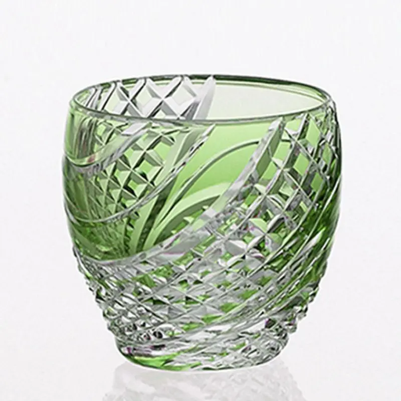 Fish Scales Sake Cup – Green Stripe Pattern, Edo Kiriko Kagami Crystal 1