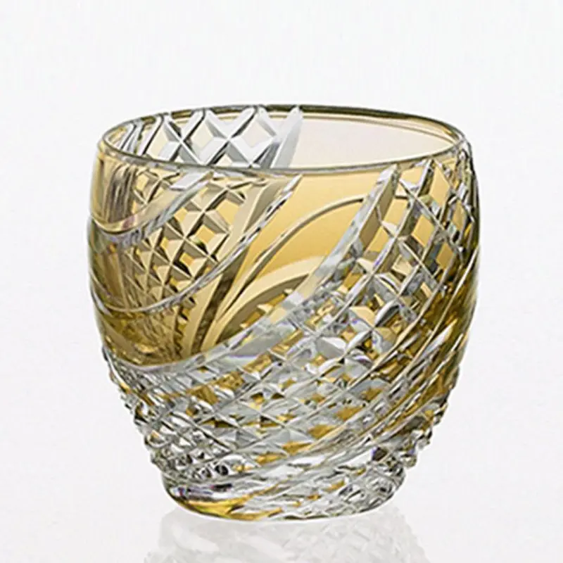 Fish Scales Sake Cup – Yellow Stripe Pattern, Edo Kiriko Kagami Crystal 1