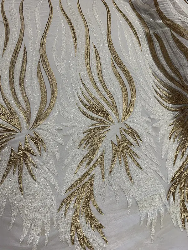 French Feather Embroidery Sequin Mesh Lace – 4-Way Stretch Spandex Blend 1