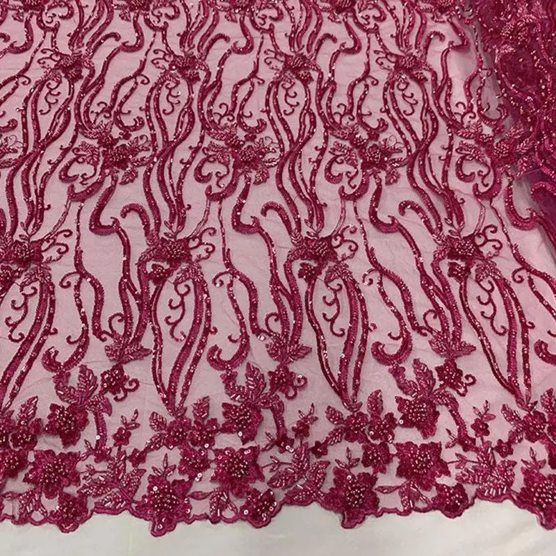 Fuchsia Beaded Embroidered Fashion Fabric 1
