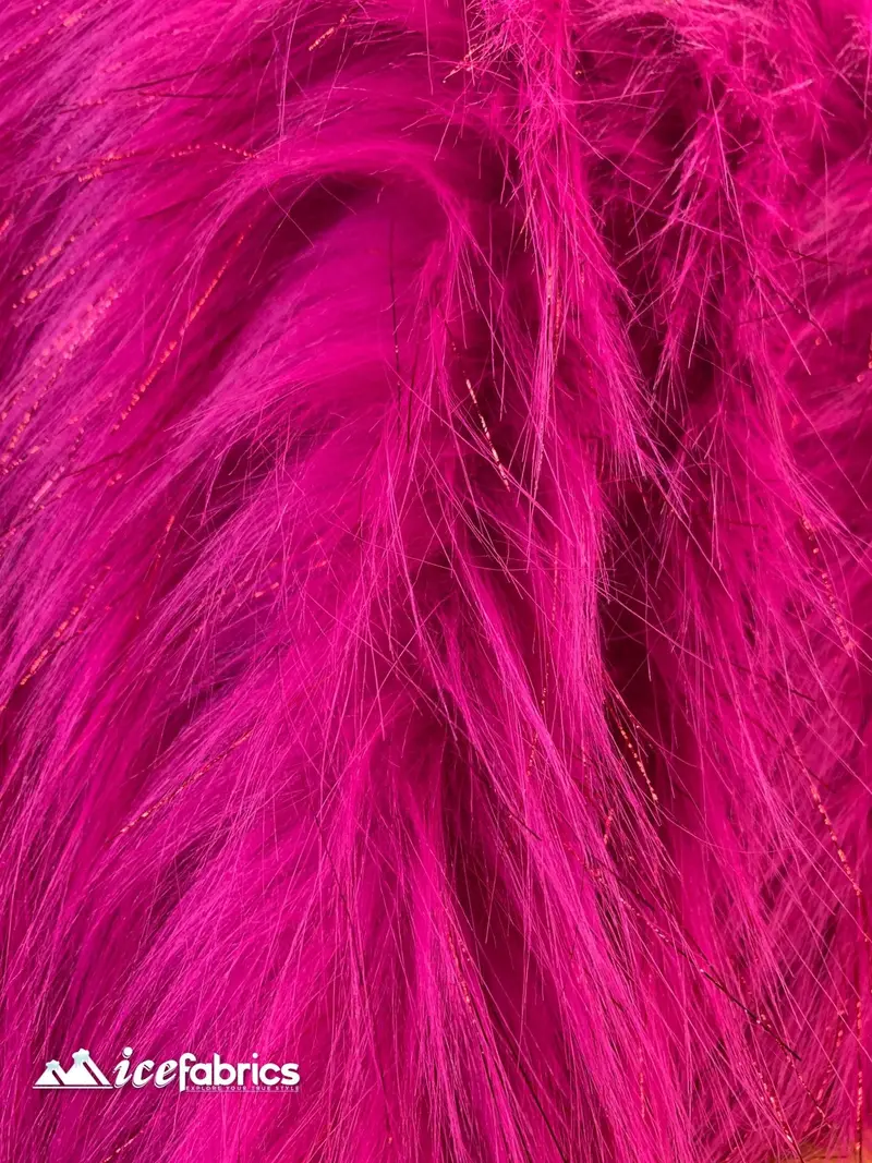 Fuchsia Tinsel-Embellished Mongolian Faux Fur Fabric – Vibrant Long-Pile Yardage 1