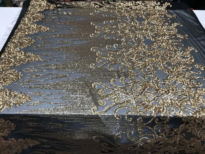 Gold Metallic Stretch Sequin Fabric – Lustrous 4-Way Spandex Yardage 1
