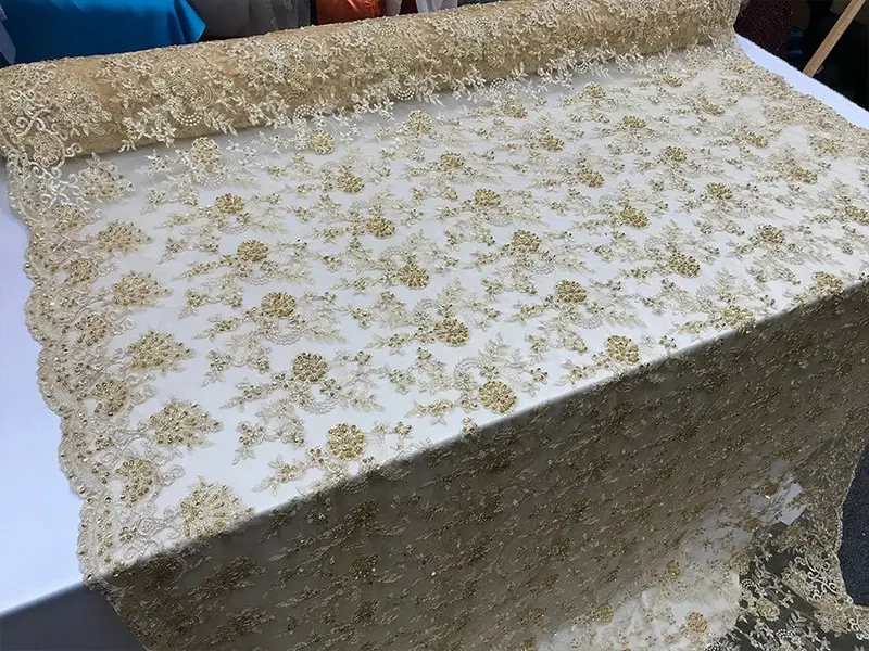 Gold-Thread Embellished Bridal Mesh Lace Fabric By The Yard 1