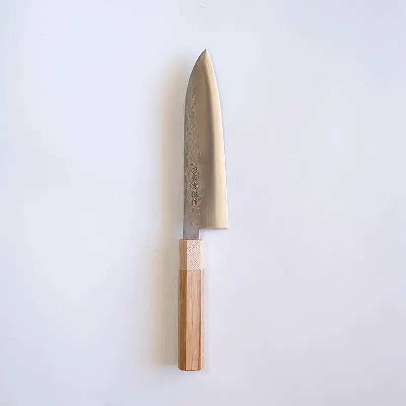 Gold Warikomi V5 Santoku Knife – Hammered Finish, Oak & Maple Accents | Sakai Forged Blades 1