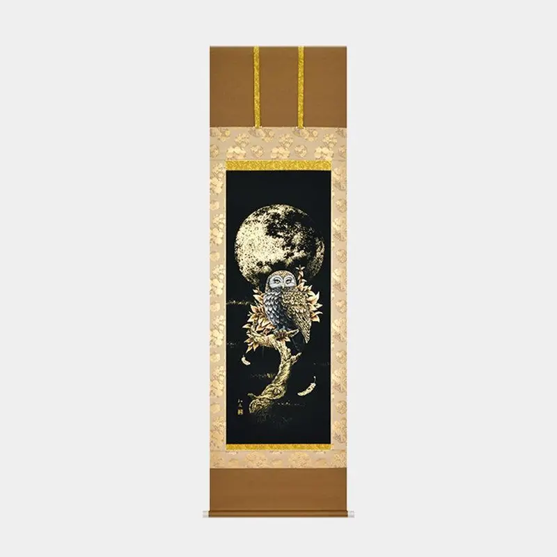Golden Moon Night Owl Wall Scroll – 23K Gold-Leaf Hanging Scroll By Kaitakudo Art 1