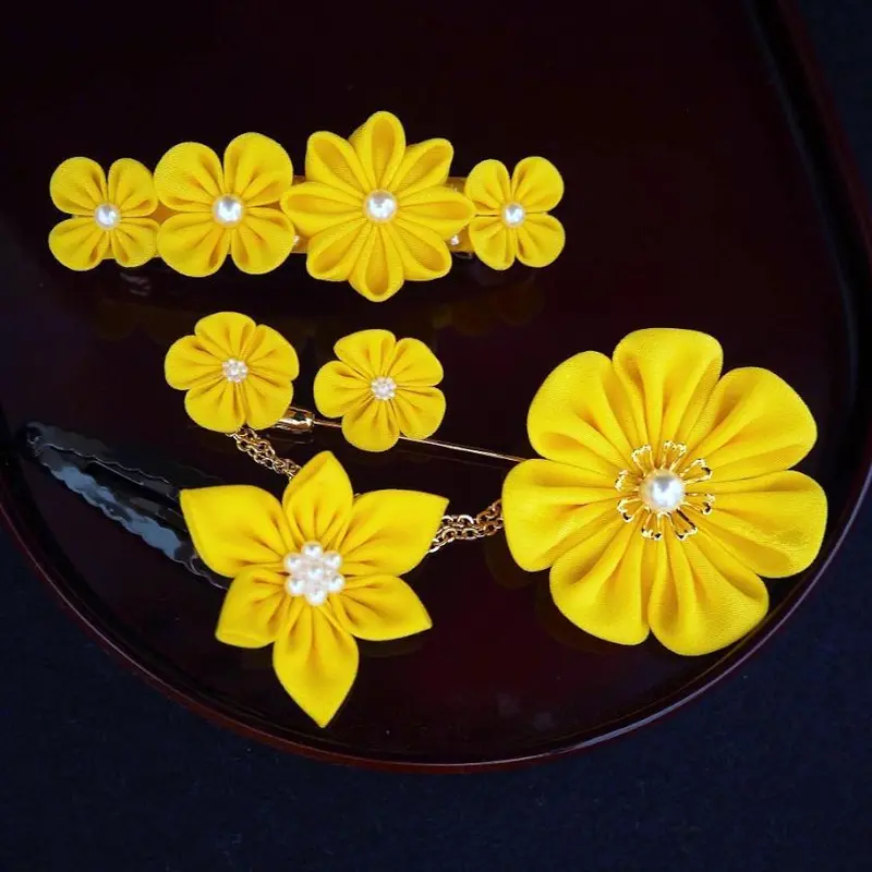 Golden Yellow Tsumami Kanzashi Set: Barrettes, Hat Pin Brooches, Earrings & Hairpins 1