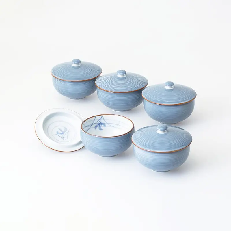 Gray Orchid Lidded Japanese Tea Cup Set Of 5 – Elegant Hasami Stoneware By Saikai Toki 1