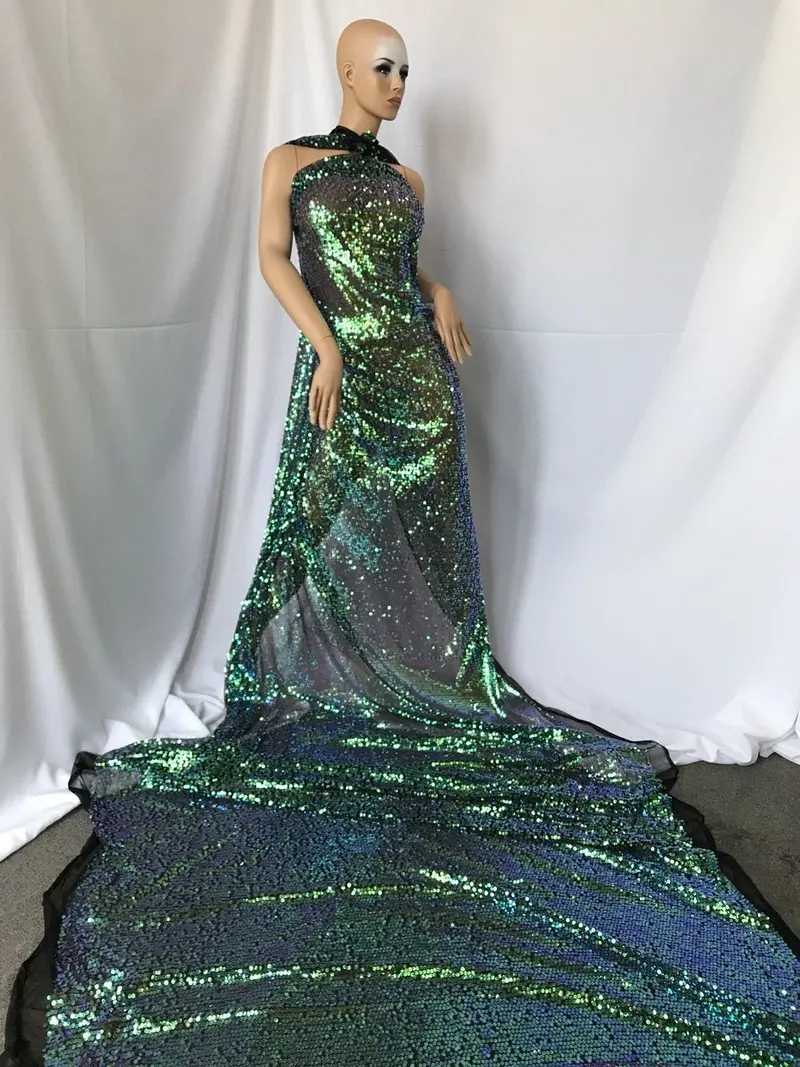 Green Sequined Mesh Lace – Lightweight Top & Prom Dress Fabric By The Yard 1