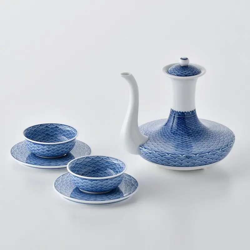 Handcrafted Hirado Seigaiha Sake Set – Kanbin Bottle & Two Sakazuki Cups | Mikawachi Ware 1