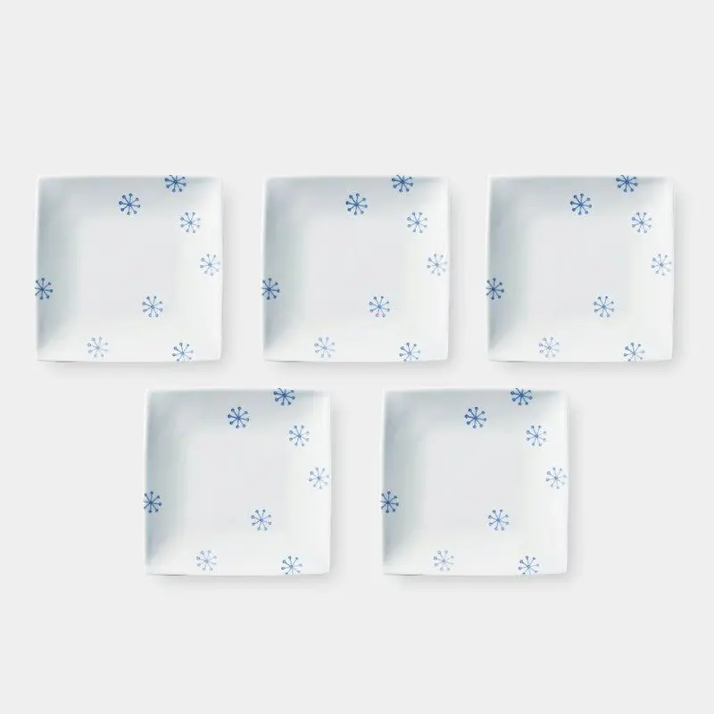 Hanko Yukihana Square Plate Set – 5-Piece Hasami Porcelain Collection By Saikai Toki 1