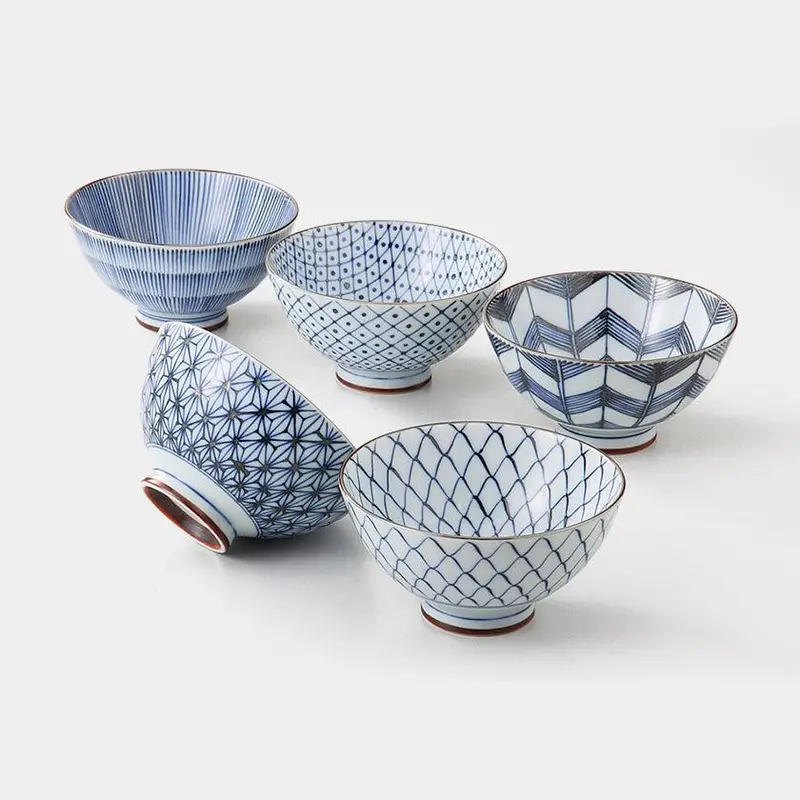 Hasami Ware Antique-Dyed Rice Bowl Set (5-Piece) – Saikai Toki Traditional Ceramic 1