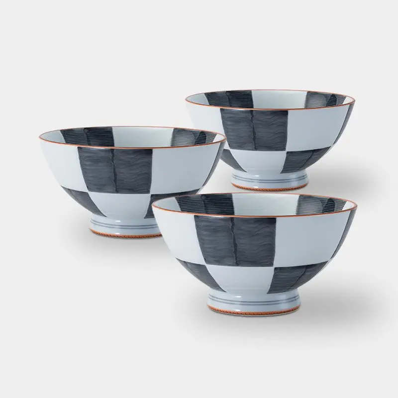 Hasami Ware Gray Checkered Rice Bowl Set – 3-Piece Large Size | Saikai Toki 1