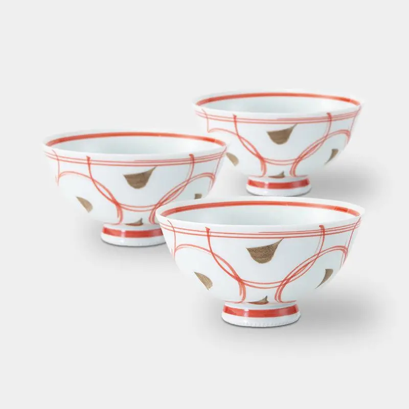 Hasami Ware Haketenmon Rice Bowl Set Of 3 – Light Red, Medium Size By Saikai Toki 1