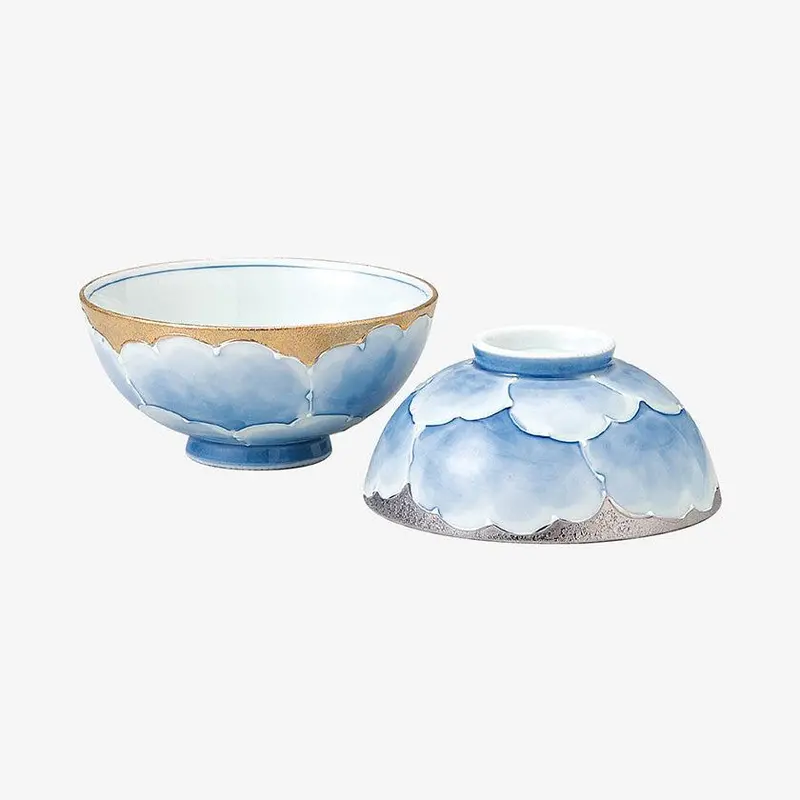 Hasami Ware Platinum Peony Rice Bowl Pair – Traditional Japanese Stoneware Set 1