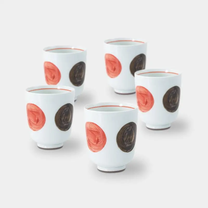 Hasami Ware Sabi Round Pattern Tea Cup Set Of 5 – Light Red, Small Size 1
