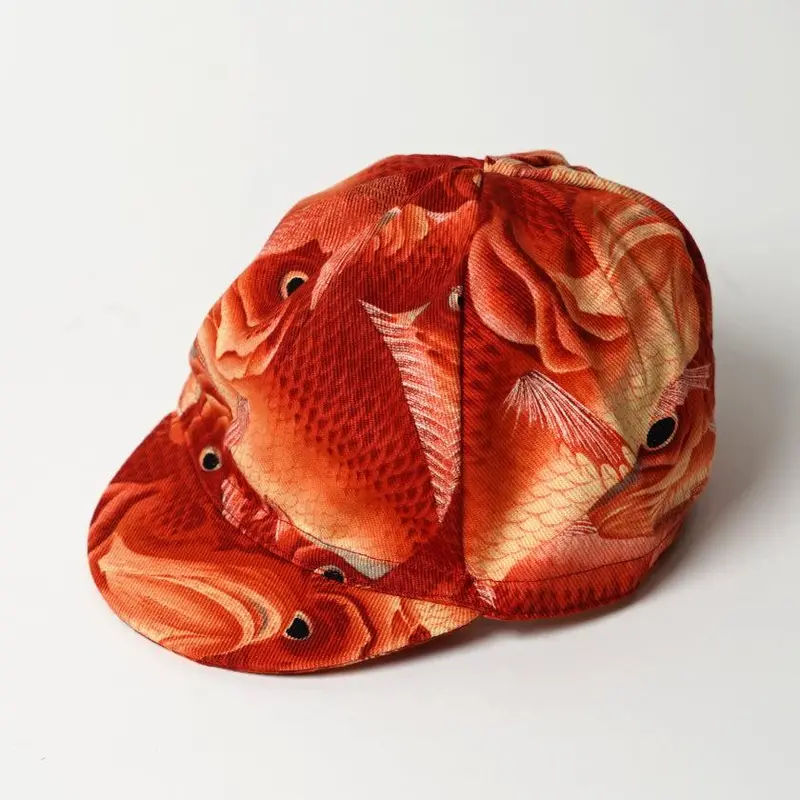 Haura Red Fishes All-Over Design Cap – Kyoto Yuzen Dyed Cotton By Majikao 1