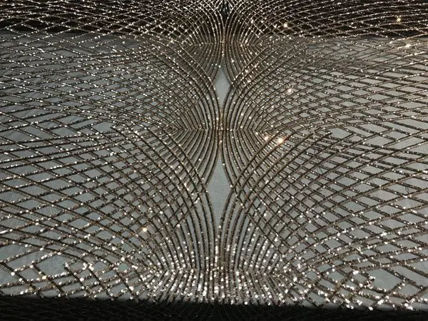 Heavy Bronze Embroidered 4-Way Stretch Sequin Fabric For Evening Attire 1