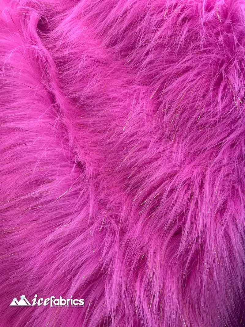 Hot Pink Tinsel-Threaded Mongolian Faux Fur Fabric – Premium Long-Pile Yardage 1