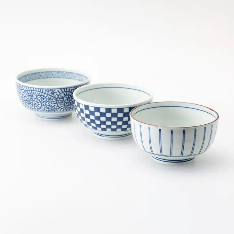 Indigo Rice Bowl Set – Three-Piece Hasami Porcelain Tableware 1
