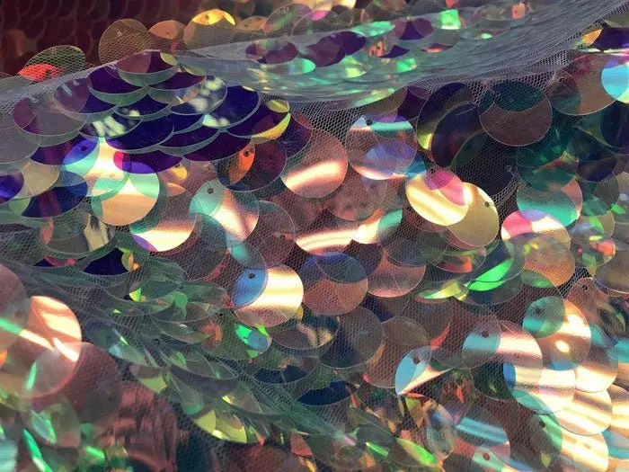 Iridescent Fish Scale Circle Sequin Mermaid Fabric In Clear Pink 1