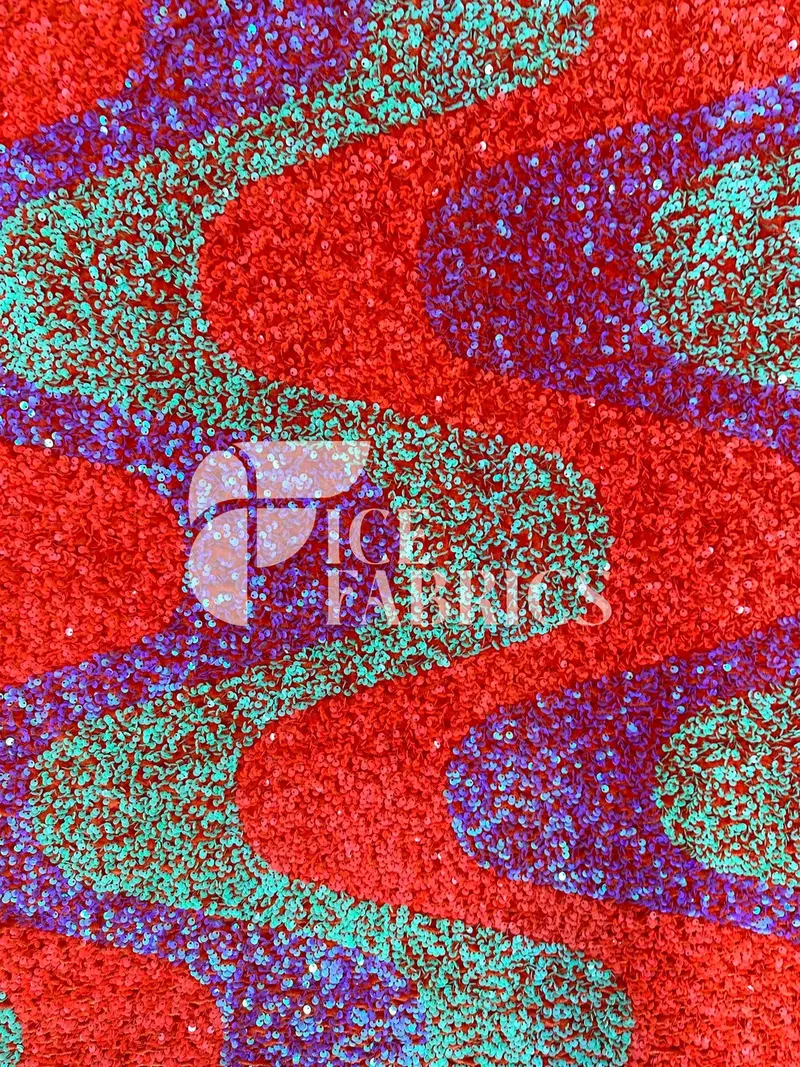Iridescent Wavy Neon Orange-Green-Purple Sequin Fabric On Stretch Velvet Base 1