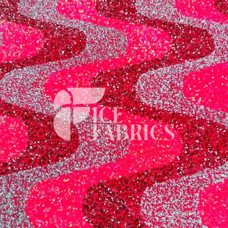 Iridescent Wavy Pink-Blue Sequin Fabric On Pink Stretch Velvet 1