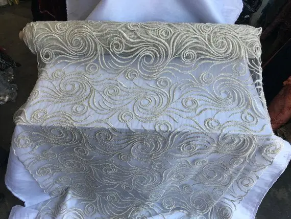 Ivory Floral Beaded Mesh Lace With Sequins For Wedding Attire 1