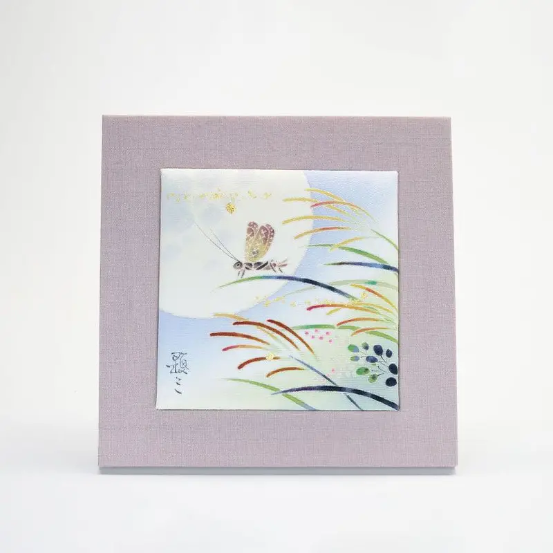 Kaga Yuzen Silk Art Panel – Miniature Grasshopper Motif Wall Decor 1