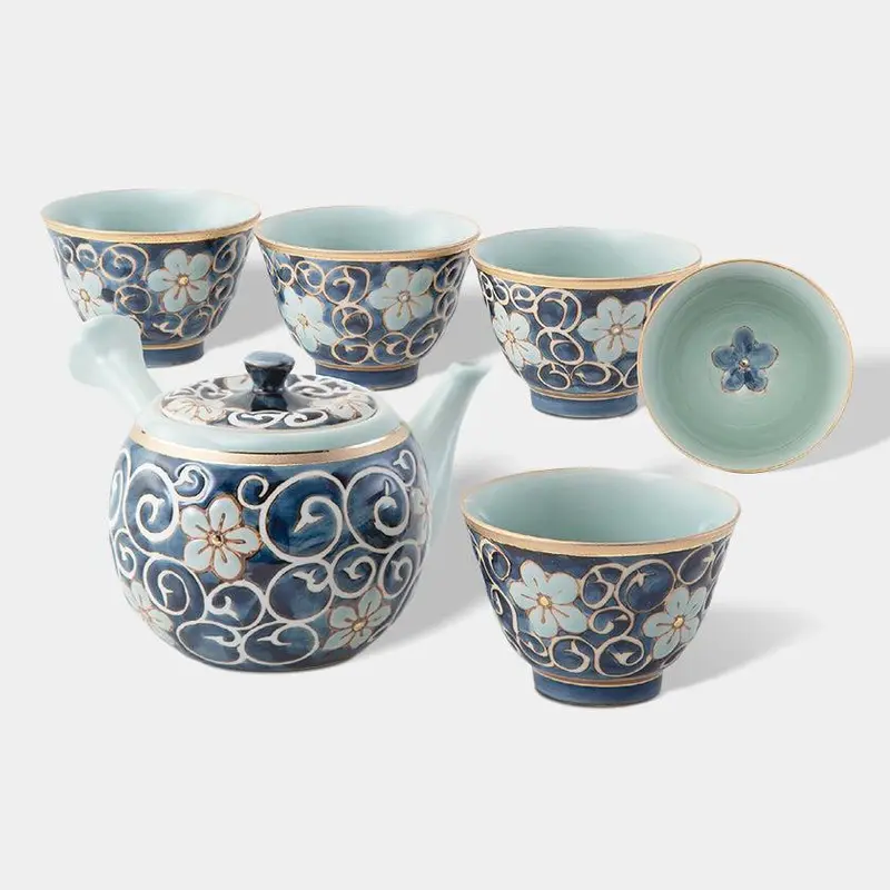 Karakusa Bellflower Tea Set Of 6 – Pot, Cups, And Saucers In Hasami Yaki By Saikai Toki 1