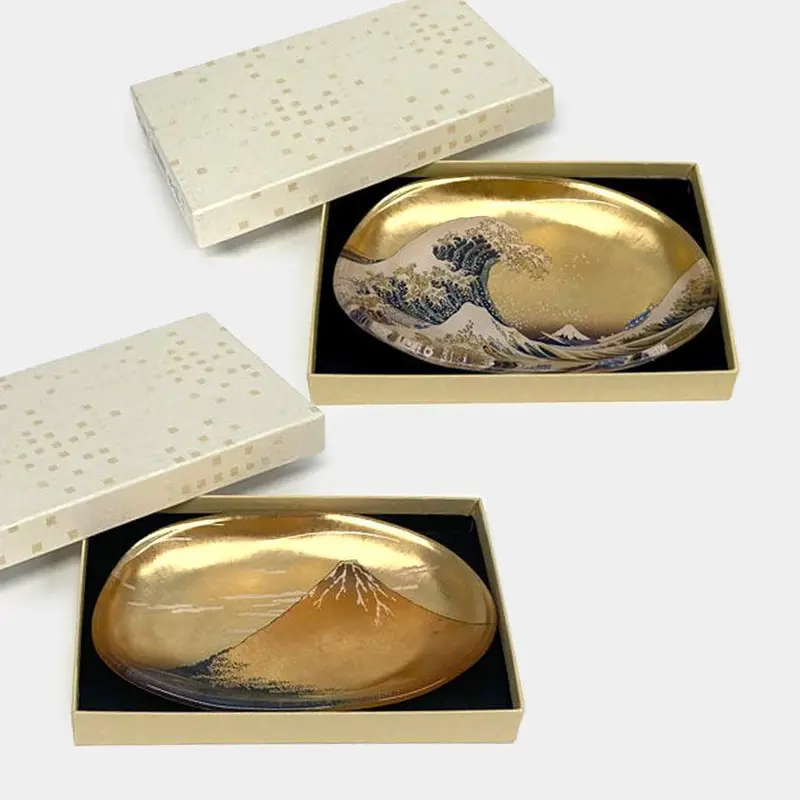 Katsushika Hokusai-Themed Glass Tray In Gold | Premium Kanazawa Gold Leaf Accents | Hakuichi 1