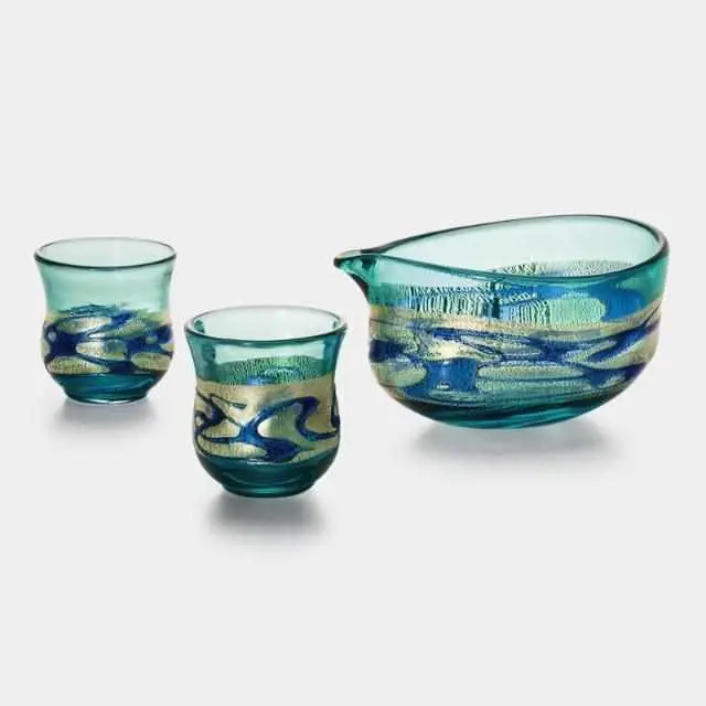 Kinsai Ao Ruri Sake Bottle Set | Tsugaru Vidro X Aderia Ceramic Collection 1