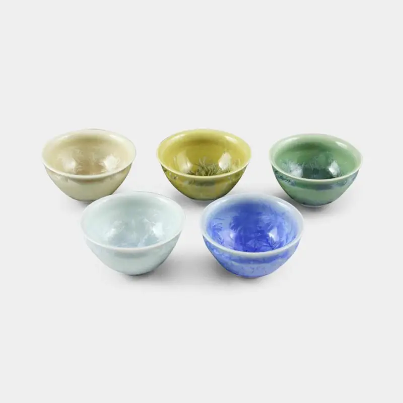 Kiyomizu-Yaki Five-Piece Guinomi Set – Touan Flower Crystal Decorative Cups 1