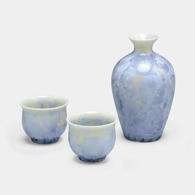 Kiyomizu-Yaki Ginfuji Sake Set (Tokkuri + Ochoko, 3-Piece) | Touan Japanese Tableware 1