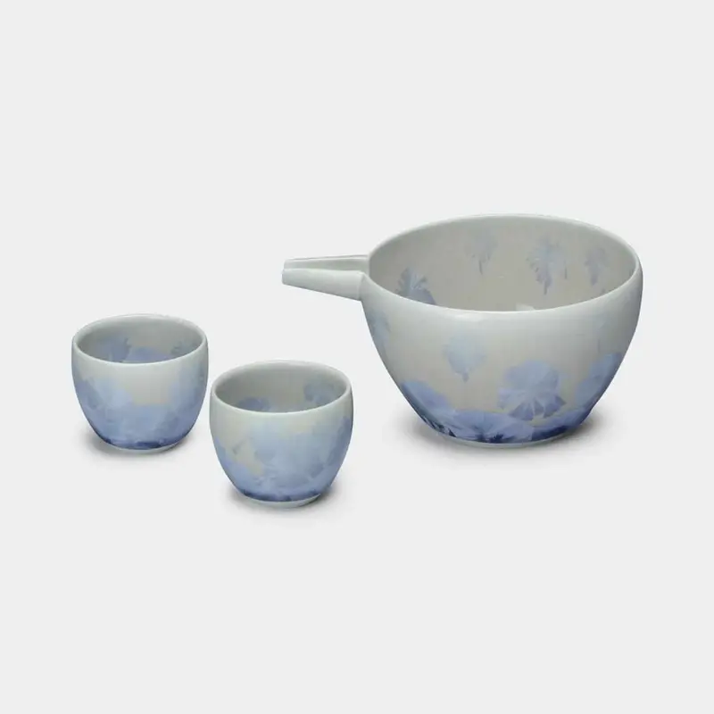 Kiyomizu-Yaki Three-Piece Katakuchi Sake Set – Touan Flower Crystal Ginfuji Pattern 1
