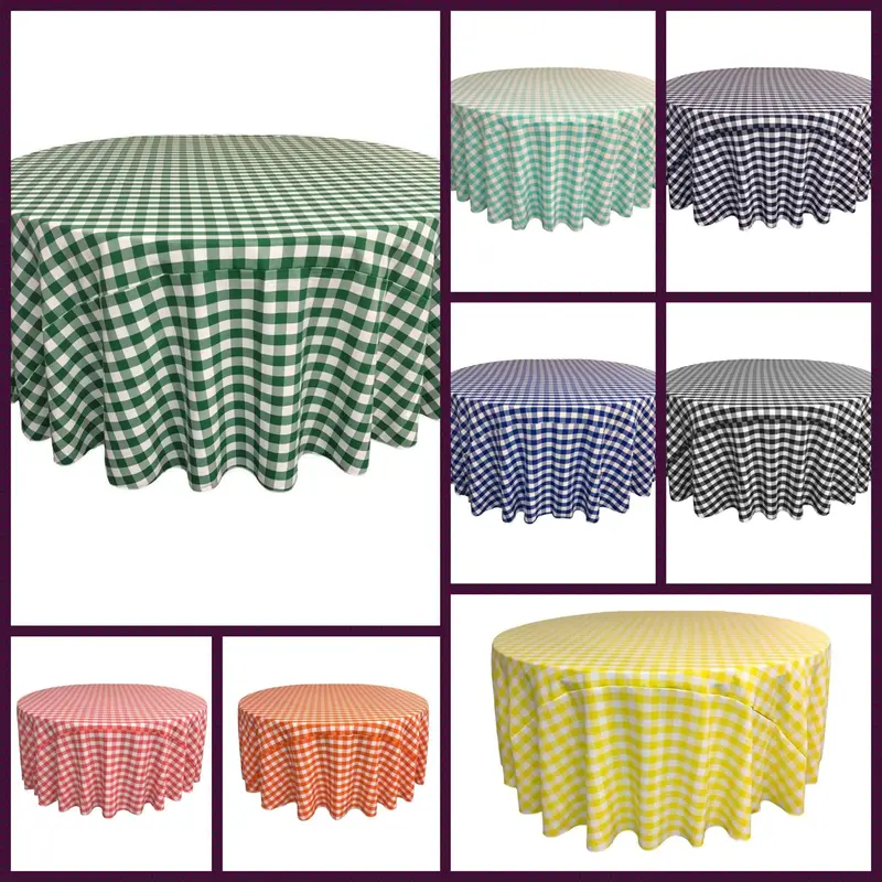 La Linen Round Checkered Tablecloth – 132" Diameter, Polyester 1