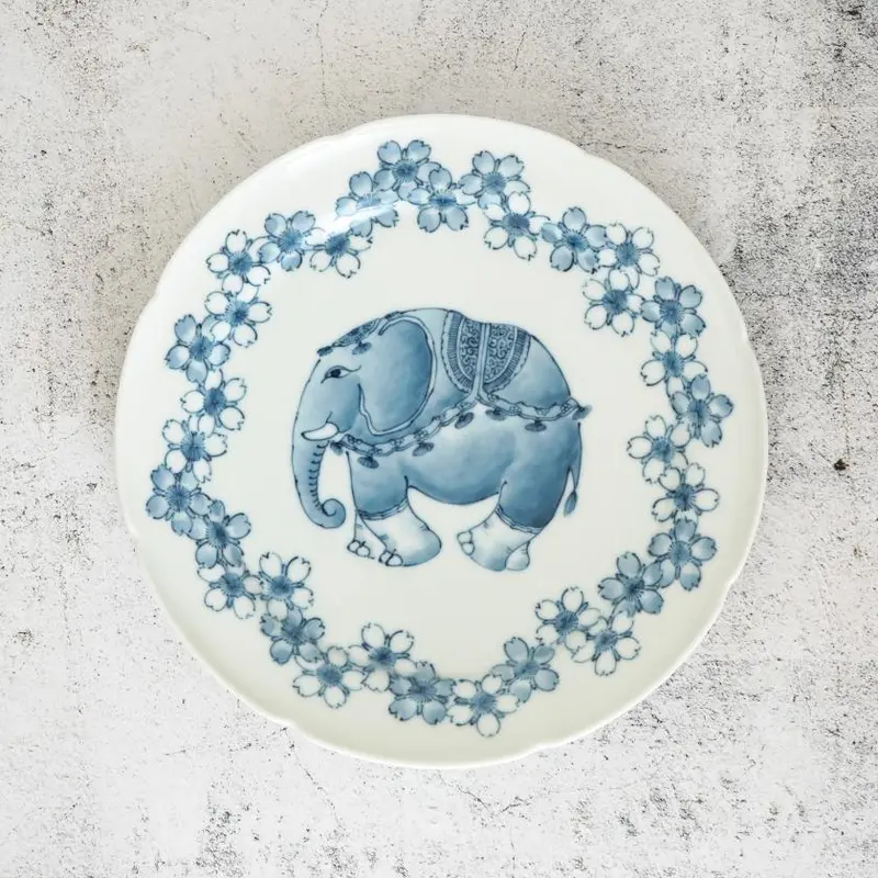 Large 7-Sun Platter – Cherry Blossom & Elephant Motif In Mikawachi Ware 1