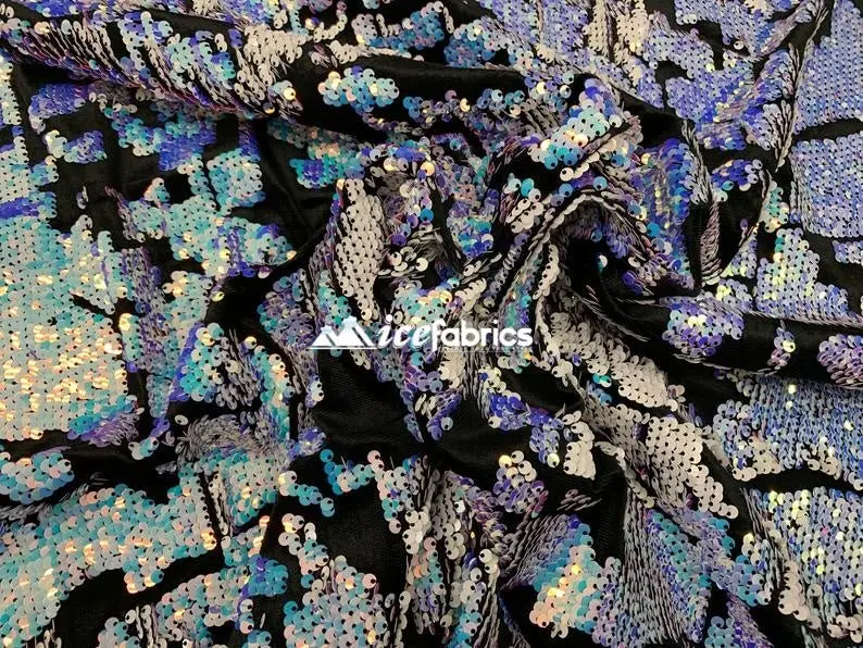 Lavender-Blue Iridescent Sequin Fabric On Black Velvet – 2-Way Stretch Embellished Yardage 1