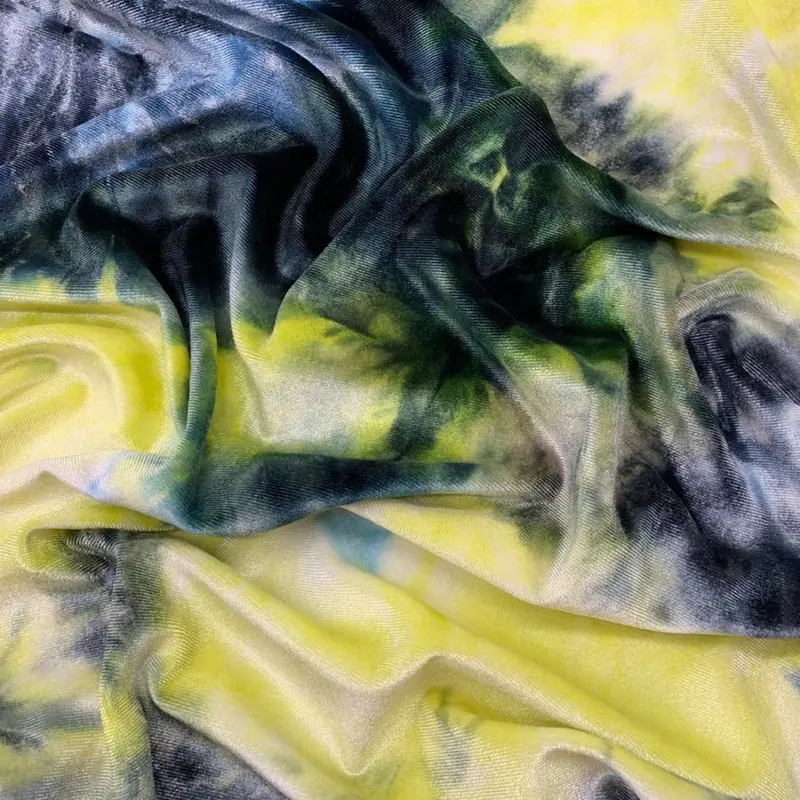 Lemon Yellow And Blue Tie-Dye Stretch Velvet – Quad-Directional Stretch 1