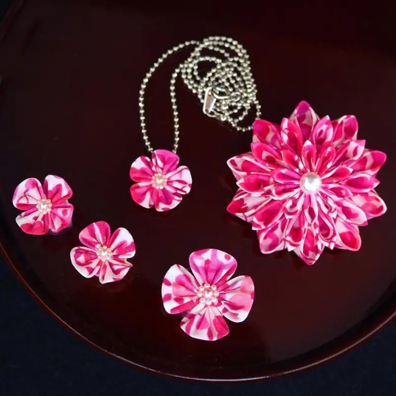 Liberty Print Tsumami Kanzashi Ensemble: Round & 4-Petal Flower Brooches, Earrings & Pendants 1