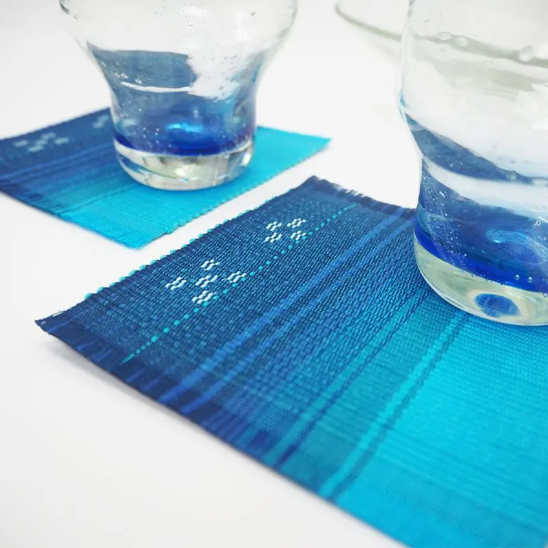 Light Blue Ocean-Inspired Coaster Duo | Yaeyama Minsah Textile Art | Azamiya 1