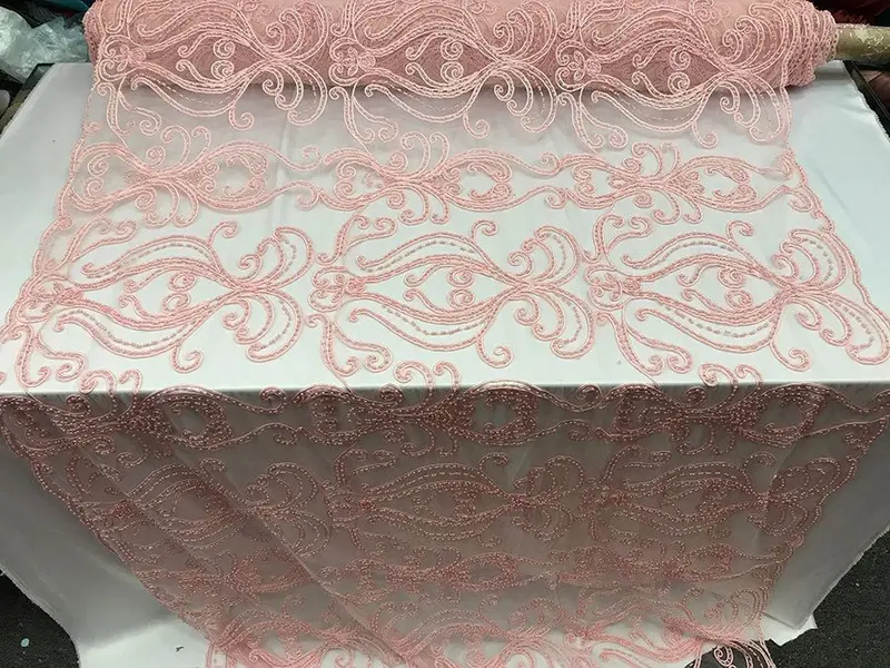 Light Pink Embroidered Beaded Mesh Lace Fabric For Bridal Wear 1