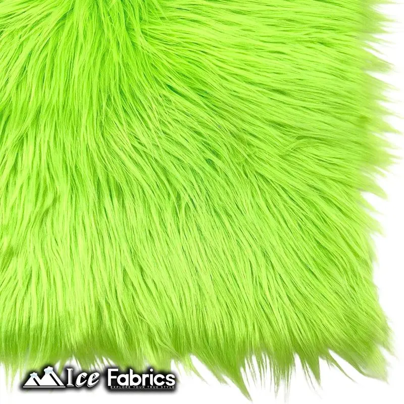 Lime Green Shaggy Faux Fur – Icefabrics Square Texture, Vibrant Long Pile 1