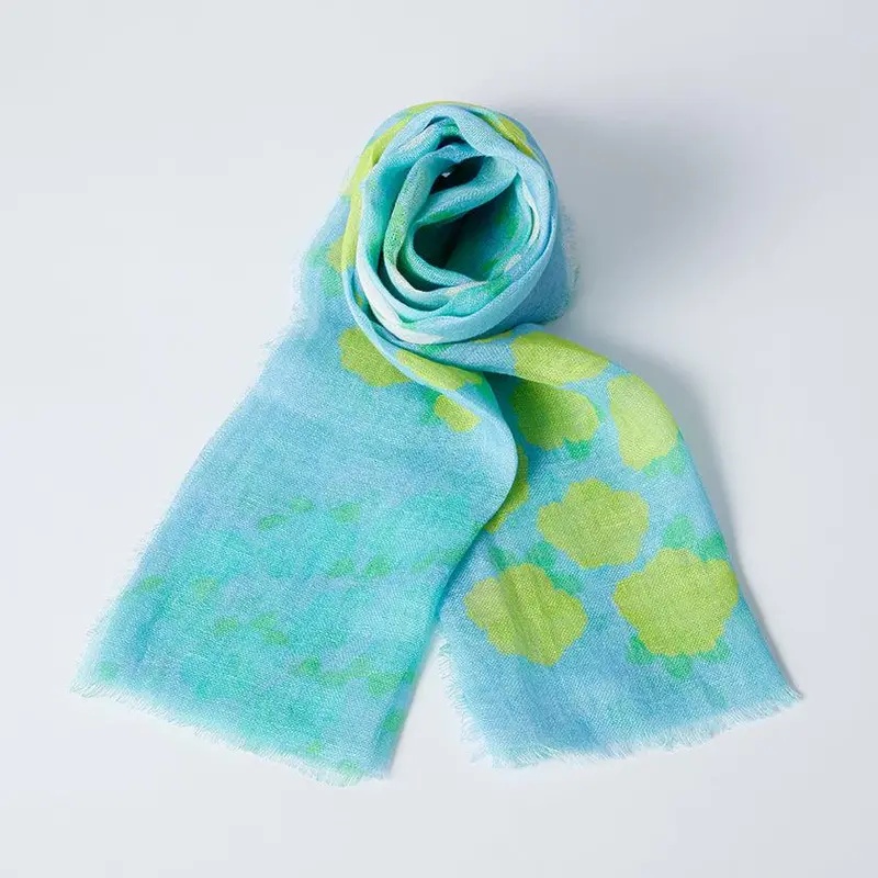 Linen Flower Circle Stole (190 × 52 Cm) In Deep Blue – Kyoto Yuzen Dyed By Nogiguchi Kihei 1