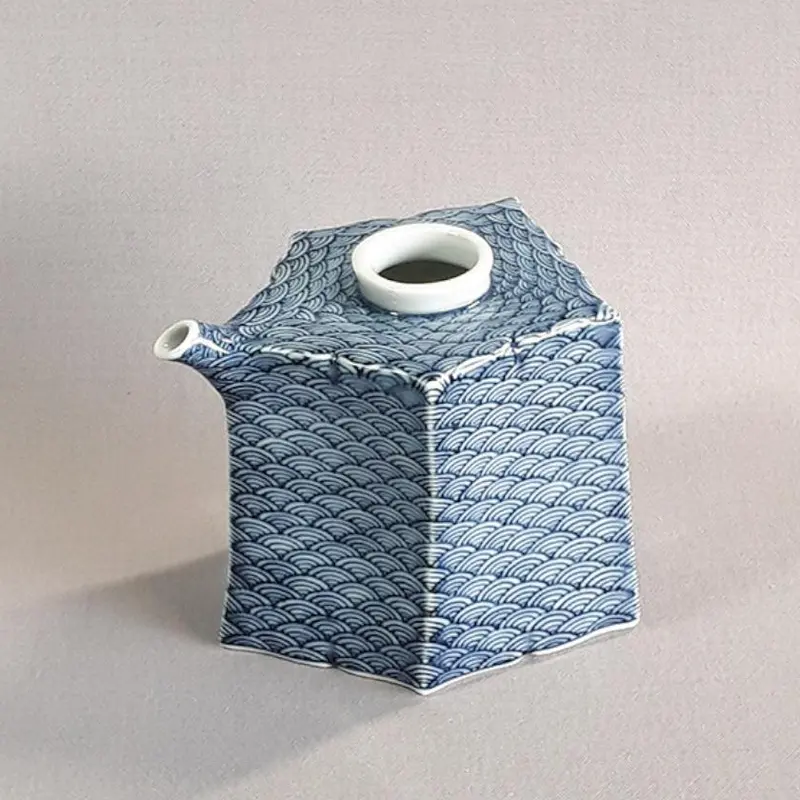Mikawachi Ware Sake Bottle – Gokaku-Shubin With Seigaiha Texture 1