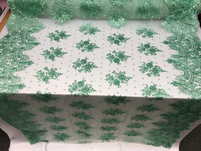 Mint-Tone Transparent Mesh Lace With Floral Embroidery For Fashion & Decor 1
